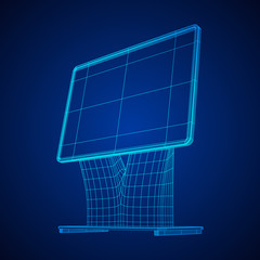 LCD Screen Stand. Trade Show Booth. Tv info kiosk wireframe low poly mesh vector illustration