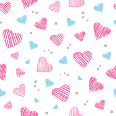 Seamless pattern with light pink and blue hearts isolated on white background. Vector illustration