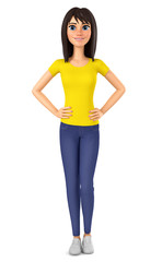 Fototapeta premium Girl in a yellow T-shirt and jeans on a white background. 3d render illustration.