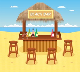 Beach bar with cocktails and drinks. Concept of summer vacation. Cartoon style. Vector illustration.
