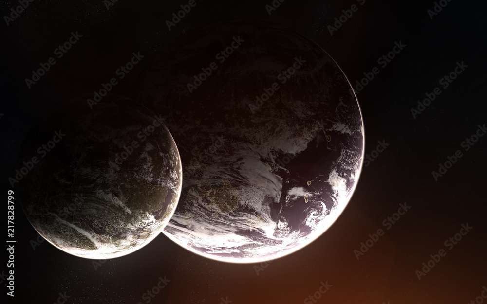 Wall mural two exoplanets with an atmosphere in deep space. abstract science fiction. elements of the image are