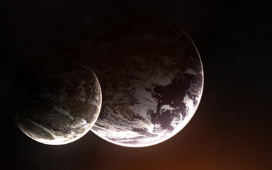 Two exoplanets with an atmosphere in deep space. Abstract science fiction. Elements of the image are furnished by NASA
