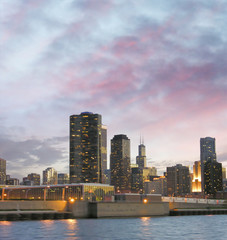 Chicago at sunset, Illinois. Beautiful city buildings at dusk