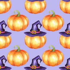 Seamless pattern with orange pumpkins. Watercolor background