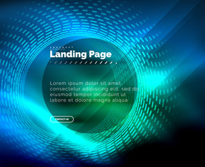 Neon glowing techno lines, hi-tech futuristic abstract background template with circles, landing page template