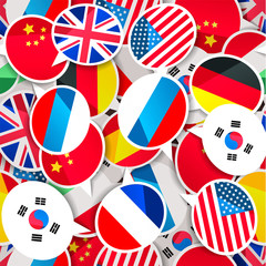 Colorful speech bubbles with flags, different language seamless pattern