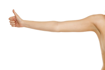 whole female arm with thumbs up on white background