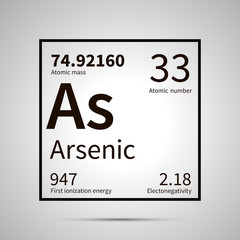 Arsenic chemical element with first ionization energy, atomic mass and electronegativity values ,simple black icon with shadow