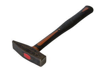 Hammer with red and black handle isolated on white background