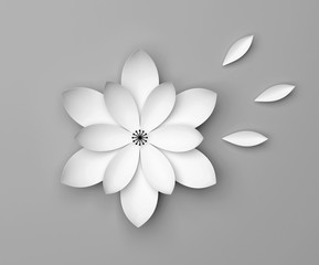 Single white decorative flower on grey background. Paper origami lily.