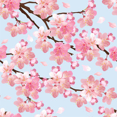 Seamless pattern of sakura flowers background template. Vector set of blooming floral for holiday invitations, greeting card and fashion design. - obrazy, fototapety, plakaty
