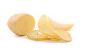 crispy chips and raw potato on white background