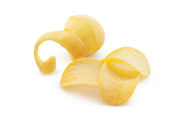 crispy chips and raw potato on white background