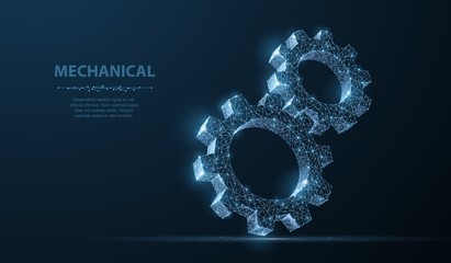 Gears. Abstract vector wireframe two gear 3d modern illustration on dark blue background. - obrazy, fototapety, plakaty