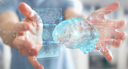 Businessman using digital 3D projection of a human brain 3D rendering