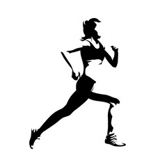Fototapeta na wymiar Running woman, side view, isolated vector silhouette. Active girl. Ink drawing