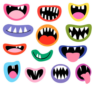 Funny vector monster mouths, open and closed with tongues and teeth for birthday party designs