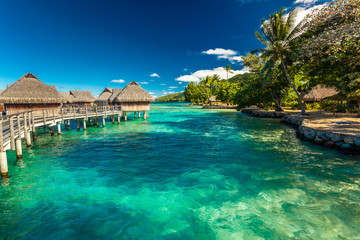 Over water bungalow with steps into amazing lagoon, Moorea - obrazy, fototapety, plakaty