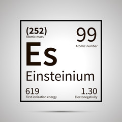 Einsteinium chemical element with first ionization energy, atomic mass and electronegativity values ,simple black icon with shadow