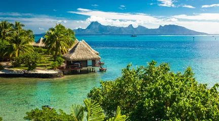 Photo sur Plexiglas Bora Bora, Polynésie française Bungalows sur pilotis avec la meilleure plage pour la plongée en apnée, Tahiti, Polynésie française