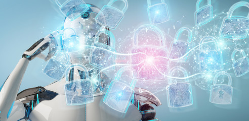 Fototapeta premium Web security protection interface used by robot 3D rendering