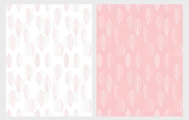 Hand Drawn Delicate Abstract Leaves  Vector Pattern Set. Pastel Light Pink,White and Light Grey Cute Design. White and Pink Background. 