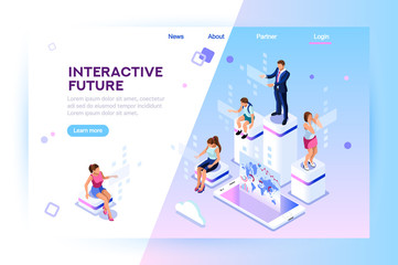 Retail and lifestyle at store. Social city of the future. Screen, interactive future phone innovation. Experience of work, learning or entertaining on augmented reality. Flat isometric illustration