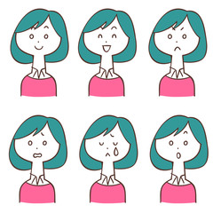 ピンクのカットソーの女性の表情6種類
