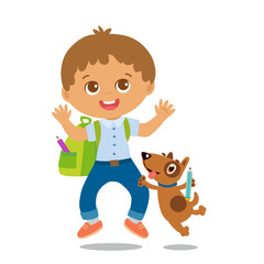 Vector Illustration Of Happy School Boy Go To School. Welcome Back To School. Cute School Boy With Schoolbag Isolated On A White Background.