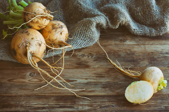 Bunch Fresh Turnip On Table, Rough Bag