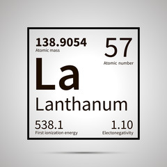 Lanthanum chemical element with first ionization energy, atomic mass and electronegativity values ,simple black icon with shadow
