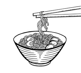 Hand drawn Japanese food sketch Illustration. Retro style. Sushi bar. Miso soup. Ramen