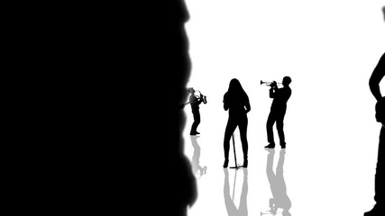 Computer generated animation with musician people silhouettes moving towards the camera. Seamlessly loopable animation.