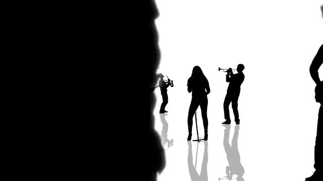 Computer generated animation with musician people silhouettes moving towards the camera. Seamlessly loopable animation.
