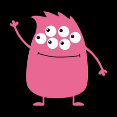 Cute pink monster icon. Happy Halloween. Cartoon colorful scary funny character. Eyes, hair, holding hands up, waving hand. Funny baby collection. Black background Isolated. Flat design.