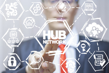 Man clicks a hub network text button on a virtual panel. Hub Network. Web digital networking...