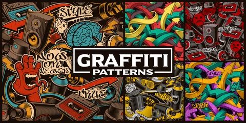 Foto op Plexiglas Graffiti Set van naadloze patronen met graffitikunst