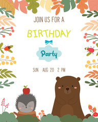 Obraz na płótnie Canvas Cute animal theme birthday party invitation card vector illustration.