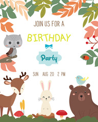 Cute animal theme birthday party invitation card vector illustration.