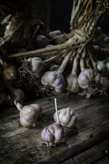 garlic and cove on wood background still life 