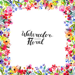 Watercolor Floral Background. Hand painted border of flowers. Good for invitations and greeting cards. Frame isolated on white and brush lettering. Rose, poppy and peony illustration Spring blossom