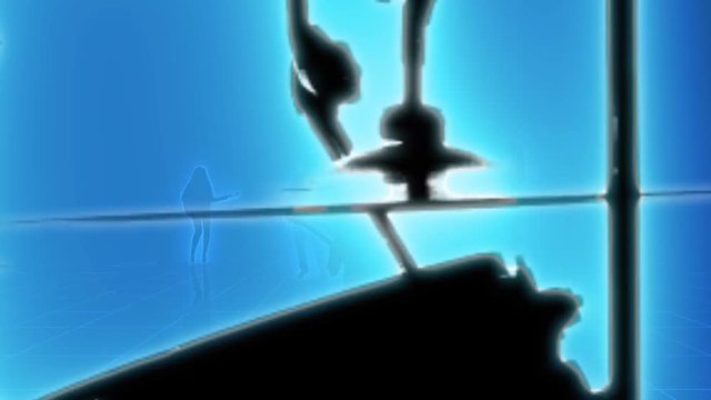 Computer generated animation of a neon grid with musician people silhouettes moving towards the camera. Seamlessly loopable animation.