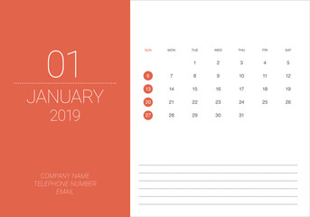 January 2019 desk calendar vector illustration