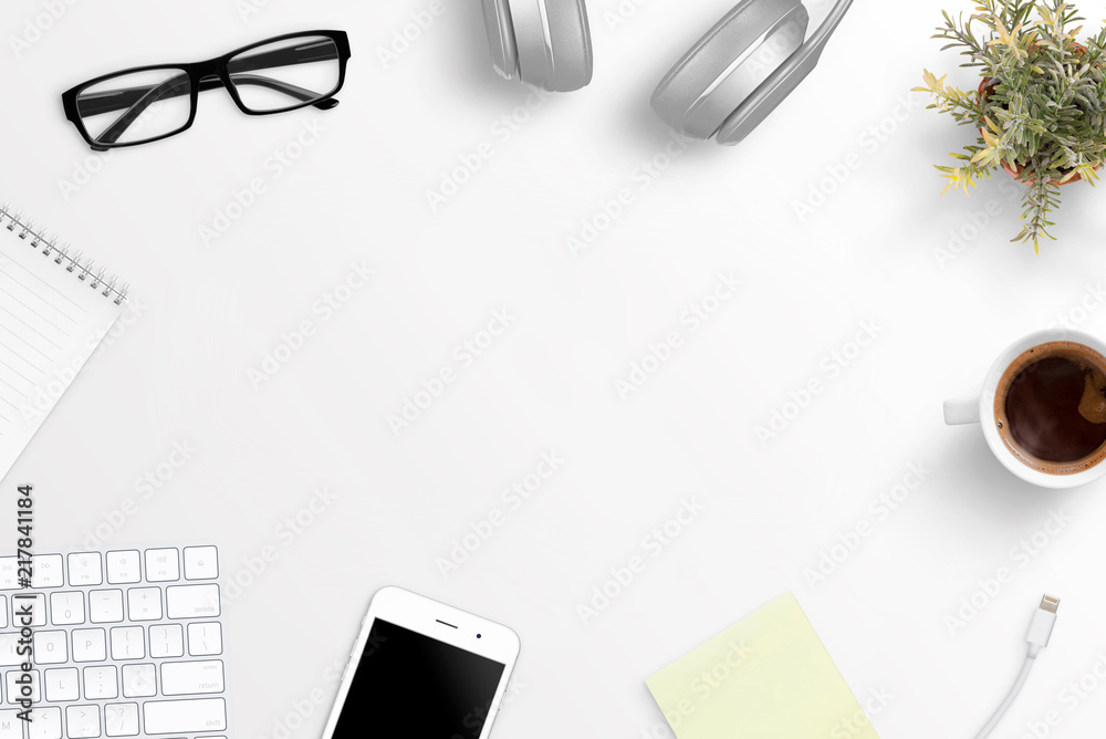 Aufkleber Work desk composition. Hero, header image with free space for text in center. Flat lay. Top view.