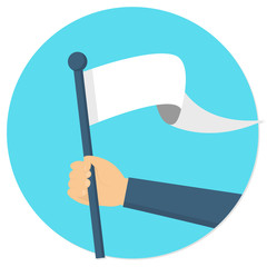 Hand hält weiße Flagge Fahne auf blauem Hintergrund Flat Design Icon