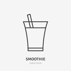 Smoothie flat line logo, fresh drink, juice in glass vector icon. Beverage illustration. Sign for healthy food store.