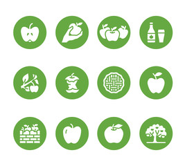 Apples flat glyph icons. Apple picking, autumn harvest festival, craft fruit cider illustrations. Solid silhouette signs for organic food store.