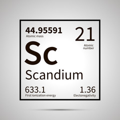Scandium chemical element with first ionization energy, atomic mass and electronegativity values ,simple black icon with shadow