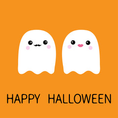 Happy Halloween. Ghost spirit family couple with lips, mustaches. Scary white ghosts family. Cute cartoon character. Boo spooky face. Orange background. Greeting card Flat design.