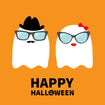 Happy Halloween. Ghost spirit family couple with lips, mustaches and eyeglasses, hat, bow. Scary white ghosts. Cute cartoon character. Spooky face Greeting card Orange background. Flat design.